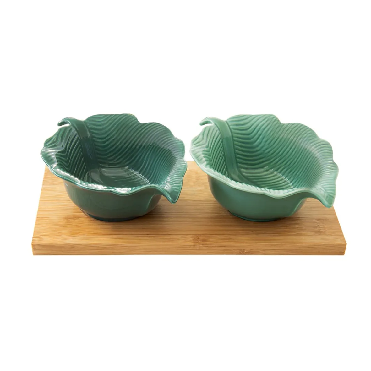 Easy Life Ensemble apéritif avec plateau en bambou et 2 bols en porcelaine en forme de feuille MADAGASCAR> Moderne|Services De Table En Porcelaine