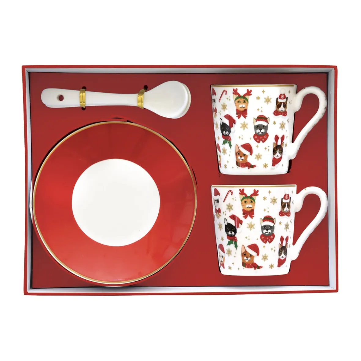 Easy Life Ensemble de 2 petites tasses à espresso avec soucoupes et cuillères CHRISTMAS FRIENDS CATS> Noël|Petit Dejeuner