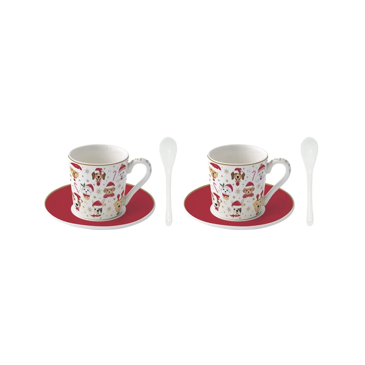 Easy Life Ensemble de 2 petites tasses à espresso avec soucoupes et cuillères CHRISTMAS FRIENDS DOGS> Noël|Petit Dejeuner