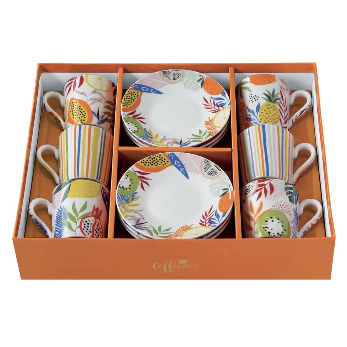 Easy Life Ensemble de 6 petites tasses à espresso avec soucoupes TUTTI FRUTTI> Coffret Cadeau|Petit Dejeuner