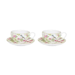 Easy Life Ensemble de 2 tasses à café avec soucoupes SPRING TIME> Romantique|Petit Dejeuner