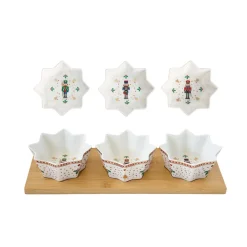 Easy Life Set apéritif avec 3 bols en porcelaine et support en bambou NUTCRACKER> Noël|Services De Table En Porcelaine