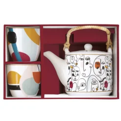 Easy Life Théière avec infuseur de 600 ml et 2 tasses en porcelaine MODERNISM> Coffret Cadeau|Petit Dejeuner
