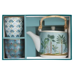 Easy Life Théière de 600 ml avec 2 tasses en porcelaine Atmosphere Jungl> Coffret Cadeau|Petit Dejeuner